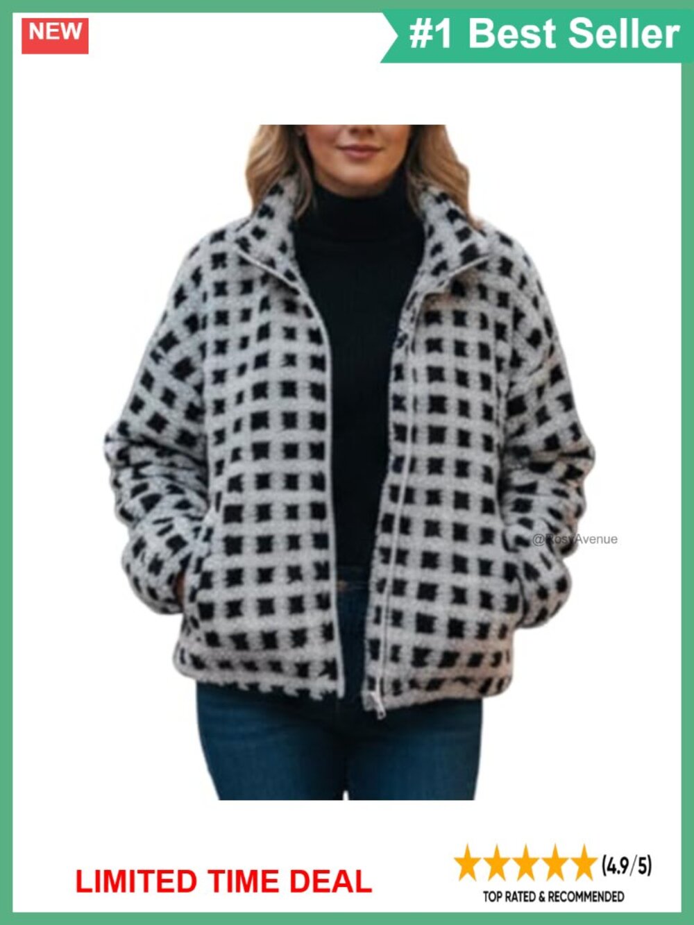 Sherpa Fleece Plaid Zip Up Cropped Jacket Long Sleeve Fall Winter